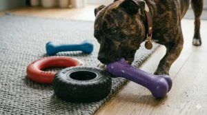 A brindle dog chewing on a purple solid rubber bone, with other durable rubber toys like a red ring and black tyre nearby.