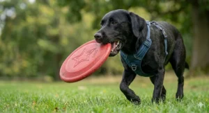 A dog catching a soft fabric frisbee mid-air, highlighting gentle impact on teeth and gums.