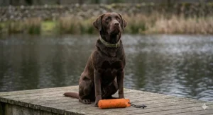A well-trained Chocolate Labrador sits patiently on a weathered wooden jetty beside a pond, with a rugged orange rubber training dummy resting at its paws. The stone wall from image_0.png is visible across the water.
