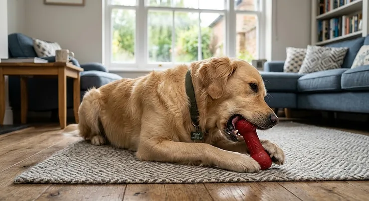 A golden retriever lying on a rug, happily chewing on a durable red rubber toy. dog toys for power chewers