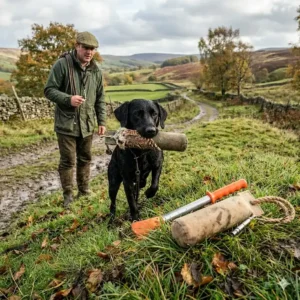 A dog training dummy paired with a standard gundog whistle for recall drills.