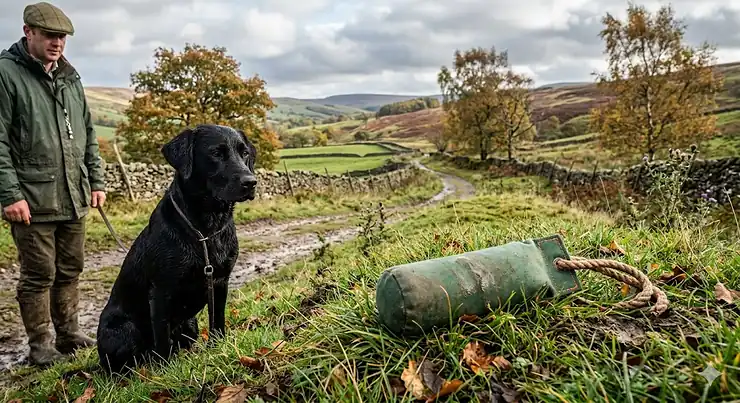 A high-quality dog training dummy designed for gundog retrieval exercises, resting on green grass. dog training dummy