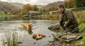 A dog playing with a lightweight, floating dog dummy in a shallow stream.