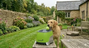 A golden retriever standing by an automatic ball launcher in a garden setting, with a ball in its mouth.