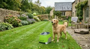 A dog standing in a garden next to an automatic dog ball thrower as a tennis ball is launched into the air.