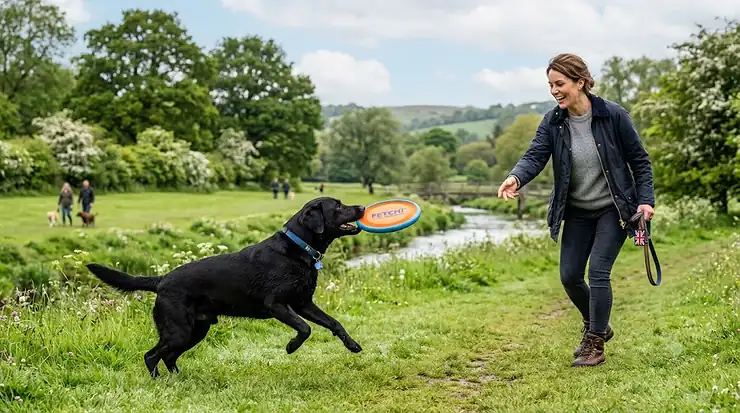 Alt text for featured image: A sturdy, chew-resistant frisbee designed for large dog breeds, ideal for fetch games in a British park. frisbee for large dogs