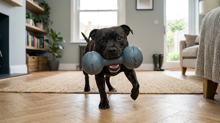A Staffordshire Bull Terrier playing happily with a tough, grey rubber dumbbell toy. indestructible dog toys