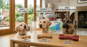 A comparison of Nylabone toy stages suitable for large breed puppies transitioning into adult dogs.
