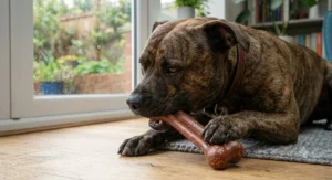 A close-up of a textured, bacon-flavoured nylon chew toy, showing its resistance to heavy chewing by a sturdy dog breed.