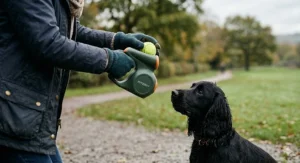 A close-up view of the easy-load mechanism on a portable compact dog ball launcher.