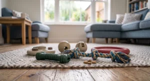 A collection of various durable enrichment and chew toys displayed together on a rug.