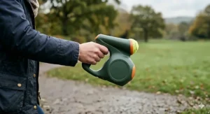 A detailed shot of the comfortable, ergonomic handle grip on a compact dog ball launcher.