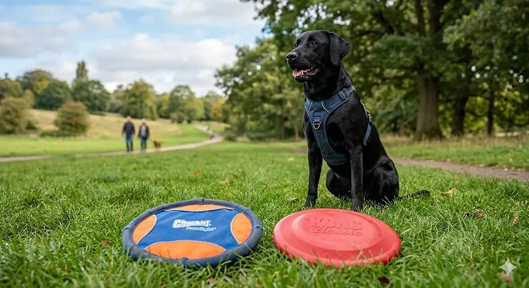 A side-by-side comparison of a soft fabric dog frisbee and a durable rubber flying disc on grass. fabric vs rubber dog frisbee