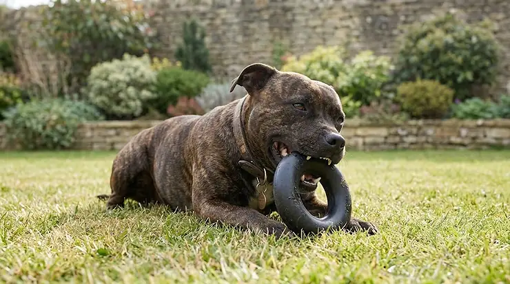 A photorealistic, high-detail photograph capturing a brindle Staffordshire Bull Terrier lying on a sun-dappled English lawn, actively gnawing on a durable black Goughnuts ring toy, showing its resilience. goughnuts vs kong which is better
