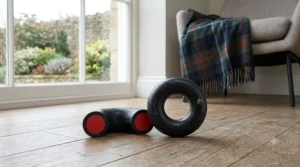 A photorealistic, highly detailed photograph focusing on a black Goughnuts ring toy. Adjacent to it, a cross-section of a piece reveals the distinct solid red core safety indicator layer beneath the black outer rubber.