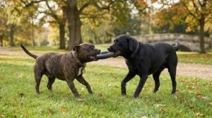 A photorealistic, high-detail photograph of a brindle Staffordshire Bull Terrier and a black Labrador Retriever engaged in an intense tug-of-war on green grass in a British park using a black rubber Goughnuts tug toy.