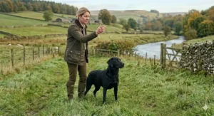 A handler giving a hand signal to a dog to locate a hidden canvas training dummy.