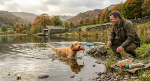A handler throwing a floating dog dummy into the water to practice gundog retrieve commands.
