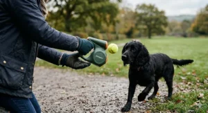 A person using a compact dog ball launcher to throw a ball for a spaniel during an outdoor walk.