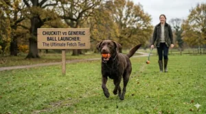 A dog sprinting through a park to retrieve a ball, with a sign in the background titled "The Ultimate Fetch Test."