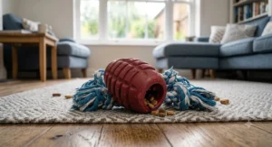 A robust red rubber treat-dispensing toy lying on a rug, filled with dry dog biscuits.