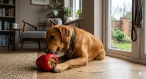 Durable rubber dog toy being filled with healthy treats to keep a pet entertained.