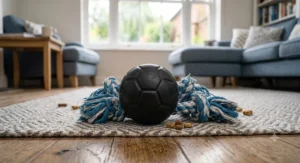 A solid black high-density rubber ball, suitable for dogs that are aggressive chewers.