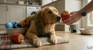 A dog using its paws to roll a hollow rubber toy while trying to reach the treats inside.