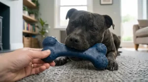 A person holding a tough, blue rubber bone-shaped toy for their dog to chew.