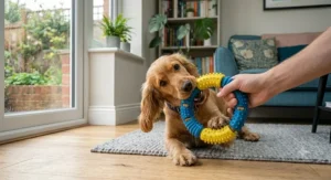 An engaging, uniquely shaped flavoured nylon chew toy being held by a human for an interactive play session.