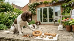 An interactive natural rubber dog chew being stuffed with healthy treats for mental enrichment.