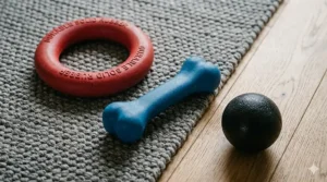 High-detail shot of a red rubber ring, a blue bone, and a black ball resting on a textured grey rug and wooden flooring, showcasing solid rubber construction.