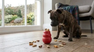 A photorealistic, high-detail photograph of a brindle Staffordshire Bull Terrier sitting on oak floorboards. The dog focuses on a classic red Kong Extreme; gourmet dog treats are scattered in an arc around the toy.