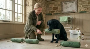 An adult retriever carrying a large-sized canvas training dummy during field training.