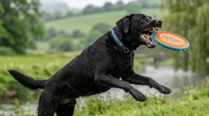 Alt text for image 2: A size comparison showing a durable frisbee designed specifically for the mouth size of large dog breeds.