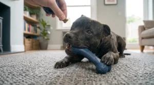 A dog lying on a rug, chewing a tough rubber bone while being offered a treat.