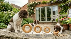 A size comparison guide showing different natural rubber dog chews scaled for small to large breeds.