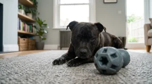 A dog resting on a rug with a durable, solid rubber toy designed for heavy chewers.