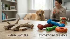 A collection of natural antler pieces compared to various synthetic nylon chews, laid out on a table for selection.