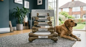 A comparison chart showing the longevity of nylon bones versus rubber toys.
