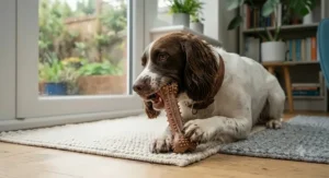 A dog chewing on a dental-shaped nylon bone to help reduce tartar and plaque buildup as part of a regular dental health routine.