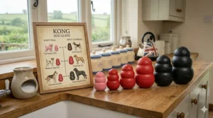 A close-up view showing a person’s hand using a tube of treat paste to stuff a red KONG Classic toy, with the black KONG Extreme model sitting nearby on a wooden counter.