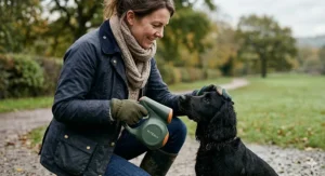 A compact dog ball launcher being packed into a small bag for easy transport on a day out.