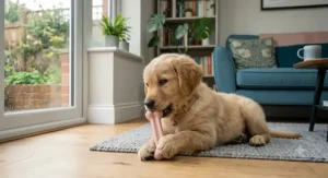 A small, gentle nylon chew toy specifically designed for a teething puppy to use safely in the home.