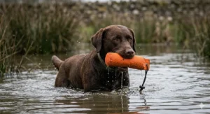An illustration in a photorealistic style showing a Chocolate Labrador Retriever wading through a shallow, reedy pond, holding an orange rubber training dummy firmly in its mouth.