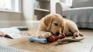 A golden retriever puppy chewing on a soft-textured Nylabone, demonstrating a safe choice for teething stages.