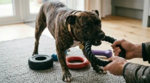 A person playing tug-of-war with a brindle dog using a strong black rubber rope toy, surrounded by various solid rubber chew toys.