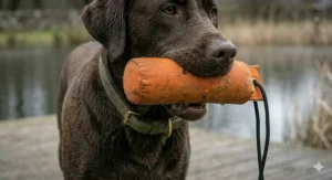 A photorealistic depiction of a Chocolate Labrador’s jaw gently gripping a non-toxic, bright orange rubber training dummy, perfect for puppy gundog training and retrieval practice.