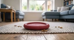 A solid red heavy-duty foam flying disc toy resting on a rug, designed for active play.