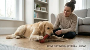 A golden retriever playing with a chew toy under the active supervision of its owner, emphasising safe playtime.
